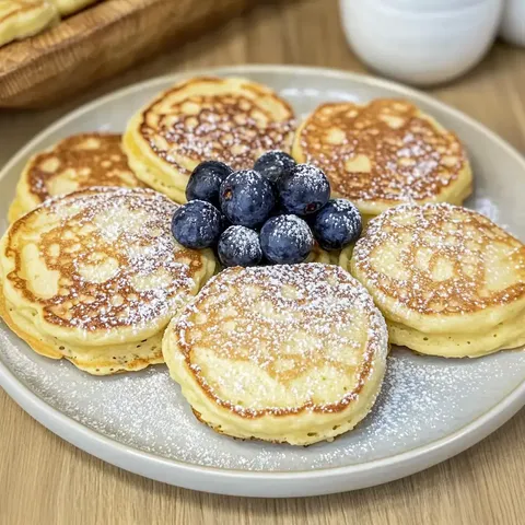 Ein Teller mit frisch gebackenen Pfannkuchen, garniert mit Blaubeeren und Puderzucker.