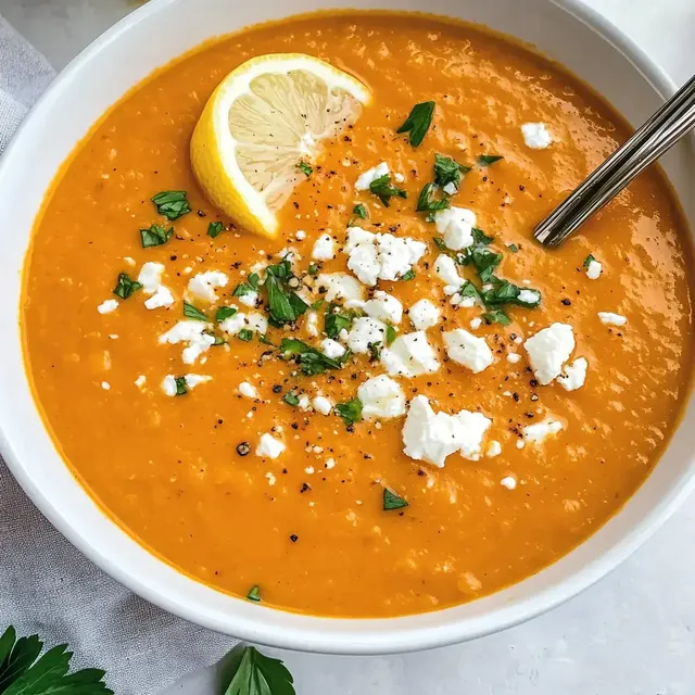 Eine Schüssel mit orangefarbener Suppe, garniert mit Zitronenscheibe, frisch gehackter Petersilie und zerbröckeltem Käse.