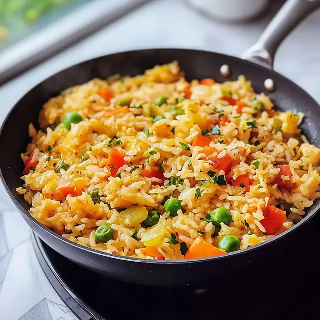 Ein farbenfrohes Pfannengericht mit Reis, Erbsen, Paprika und Kräutern in einer schwarzen Pfanne.