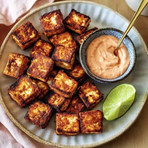 Ein Teller mit gebratenen Tofu-Würfeln, serviert mit einer scharfen Dip-Sauce und einem Stück Limette.