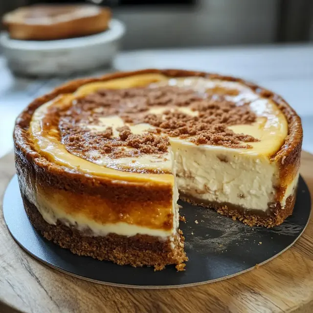 Ein köstlicher Käsekuchen mit Keksboden und einer Portion bereits herausgeschnittener Torte steht auf einem Holzuntergrund.