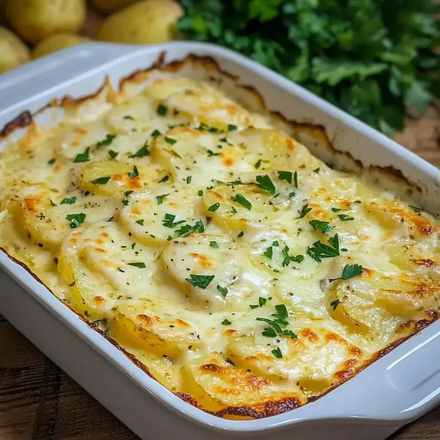 Ein Auflauf aus geschichteten Kartoffeln mit einer cremigen Käsesoße, garniert mit frischer Petersilie.