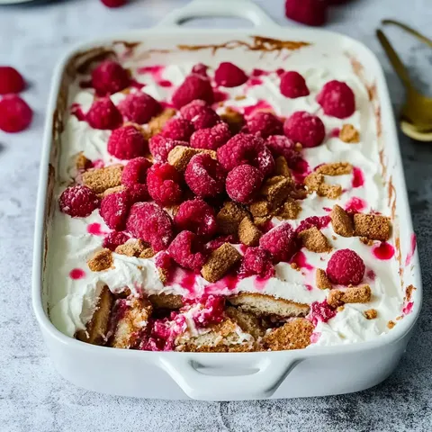 Ein Dessert in einer weißen Auflaufform, bedeckt mit Sahne, Himbeeren und zerbröselten Keksen.