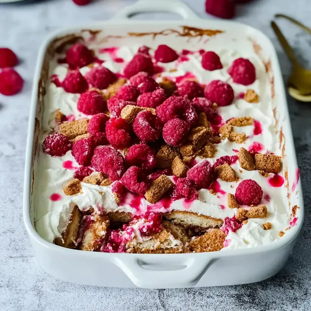 Ein Dessert in einer weißen Auflaufform, bedeckt mit Sahne, Himbeeren und zerbröselten Keksen.