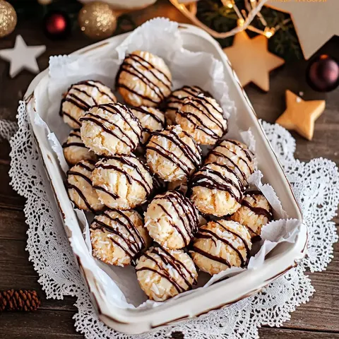 Eine Schüssel mit kokosnussüberzogenen Keksen, die mit Schokolade drapiert sind, steht auf einem rustikalen Tisch, umgeben von weihnachtlicher Dekoration.