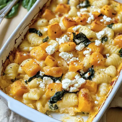 Ein Auflauf mit Gnocchi, Kürbisstücken und Spinat, garniert mit zerbröckeltem Feta-Käse.