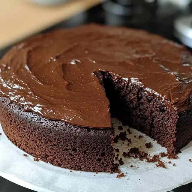 Ein saftiger Schokoladenkuchen mit glatter Glasur, von dem ein Stück ausgeschnitten wurde.