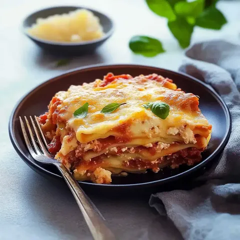 Ein Stück Lasagne, garniert mit frischen Basilikumblättern, befindet sich auf einem schwarzen Teller neben einer Schüssel mit geriebenem Käse.