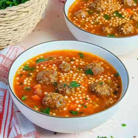 Eine Schüssel mit Fleischbällchensuppe, die kleine Pasta und frische Kräuter enthält, steht neben einem geflochtenen Korb.