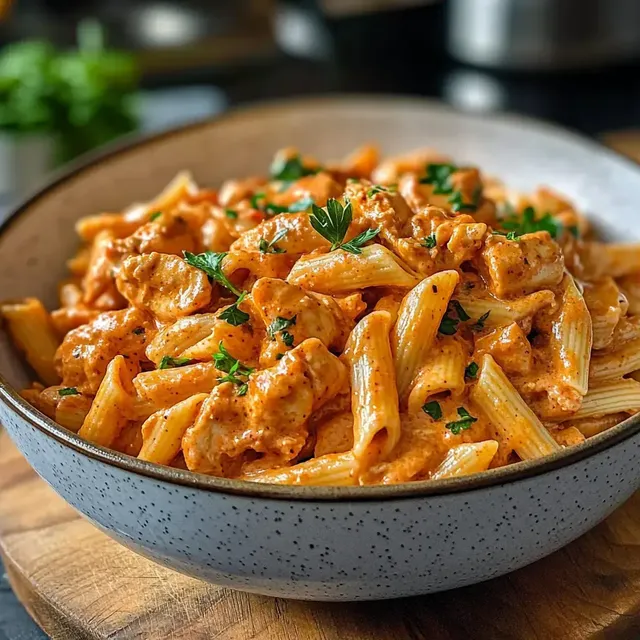 Eine Schüssel mit Penne-Pasta in einer cremigen Tomatensauce, garniert mit frischer Petersilie.