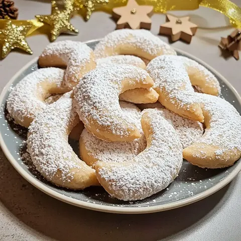 Auf dem Bild sind eine Platte mit mit Puderzucker bestäubten, crescentförmigen Keksen zu sehen, umgeben von weihnachtlicher Dekoration.