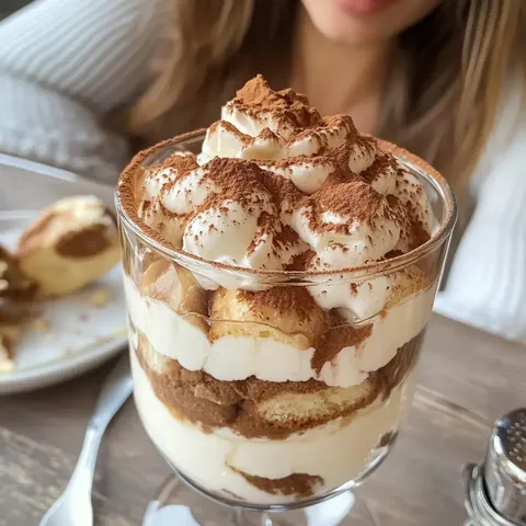 Ein glasierter Tiramisu-Dessertbecher mit Löffelbiskuits, Mascarpone-Creme und einer Schicht Kakaopulver.