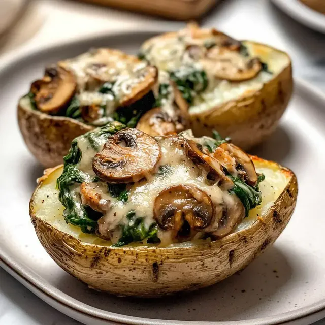 Zwei halbierte, überbackene Kartoffeln mit Spinat, Champignons und Käse auf einem Teller.