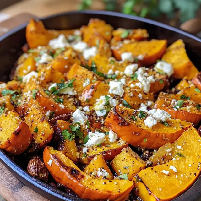 Gerösteter Kürbis mit Feta-Käse und frischen Kräutern in einer Schüssel.