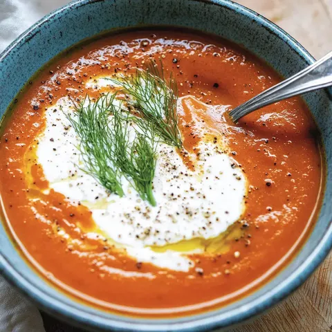 Eine Schüssel mit Tomatensuppe, garniert mit Sahne, frischem Dill und schwarzem Pfeffer.