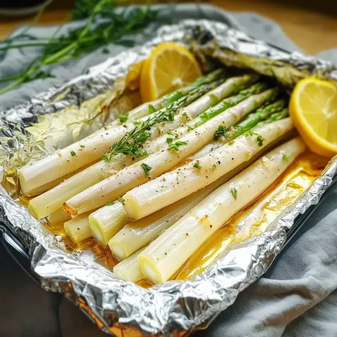 Ein Blech mit gebackenem Lauch, garniert mit Kräutern und Zitronenscheiben, ist in Alufolie eingewickelt.