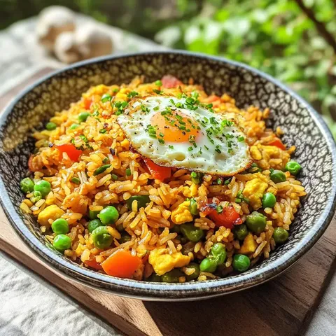 Eine Schüssel mit gebratenem Reis, Gemüse und einem Spiegelei, garniert mit Schnittlauch.