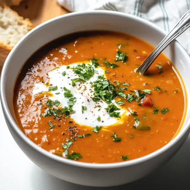 Eine Schüssel Tomatensuppe mit Sahne und frischem Koriander, serviert mit einem Stück Brot im Hintergrund.