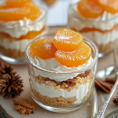 Ein Schichtdessert in einem Glas mit einer Schicht aus Kekskrümeln, Sahne und Mandarinenstückchen.