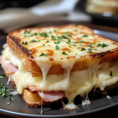 Ein schmelzendes Sandwich mit Käse und Schinken, garniert mit frischer Petersilie.