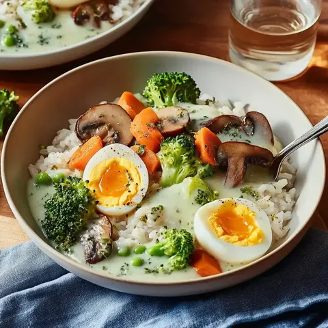 Eine Schüssel mit Reis, Brokkoli, Karotten, Pilzen und zwei halbierten gekochten Eiern in einer cremigen Sauce.