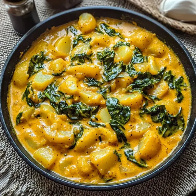 Ein schmackhaftes Gericht aus Kartoffeln und frischem Spinat in einer cremigen, orangenen Sauce.