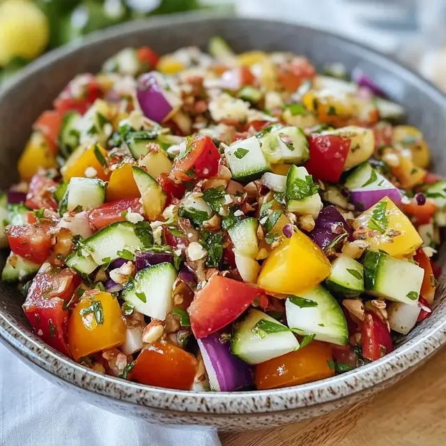Eine bunte Salatmischung aus frischem Gemüse, darunter Tomaten, Gurken, Paprika und Zwiebeln, garniert mit Kräutern.