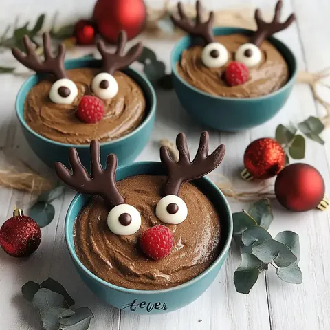 Drei Schalen mit Schokoladenmousse, dekoriert mit Schokoladengeweihen, Augen aus Schokolade und einer Himbeere als Nase, umgeben von Weihnachtsdekoration.