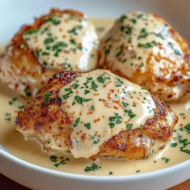 Gebratene Hähnchenstücke in einer cremigen Sauce, garniert mit frischen Kräutern.
