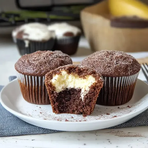 Drei Schokoladen-Muffins, davon einer halbiert, um die hellere Füllung zu zeigen, liegen auf einem weißen Teller.