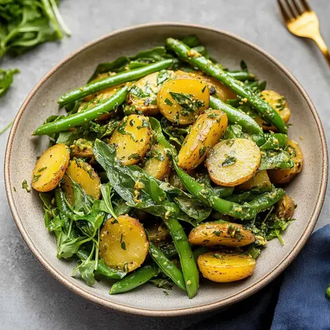 Eine Schüssel mit einem Salat aus Kartoffeln, grünen Bohnen und Rucola, garniert mit Kräutern und einer grünen Sauce.