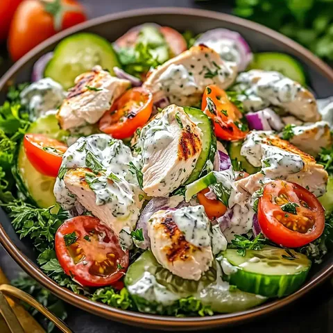 Ein bunter Salat mit gegrilltem Hähnchen, Tomaten, Gurken und einer cremigen Kräutersoße.