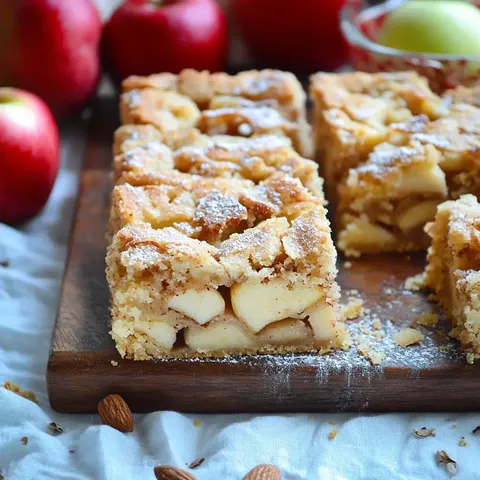 Ein Stück Apfelkuchen mit Puderzucker auf einem Holzbrett, umgeben von frischen Äpfeln und Mandeln.
