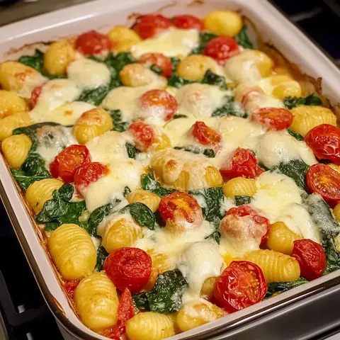 Ein Auflauf mit Gnocchi, Spinat und Kirschtomaten, überbacken mit geschmolzenem Käse.