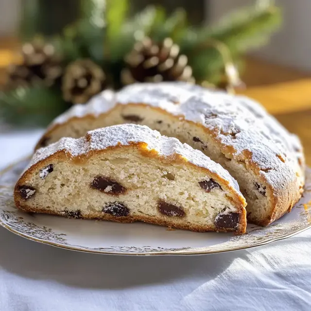Ein auf einem Teller angerichteter Stollen mit Puderzucker und Sicht auf die gefüllte Innenseite, umgeben von einer festlichen Dekoration.