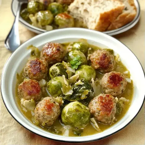 Ein Teller mit Fleischbällchen, Rosenkohl und Gemüsebrühe, serviert mit frischem Brot.