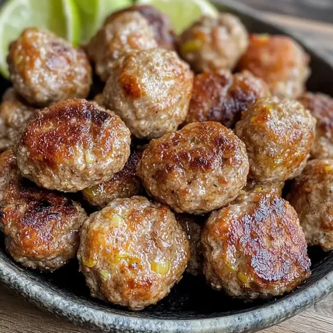 Eine Schüssel voller goldbraun gebratener Fleischbällchen, garniert mit Limettenscheiben.