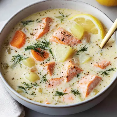 Eine Schüssel mit cremiger Lachs- und Gemüse-Suppe, garniert mit Dill und einem Zitronenschnitz.