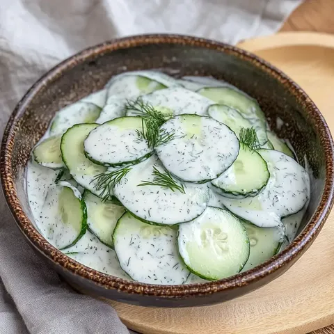 Eine Schüssel mit in Joghurt und Dill eingelegten Gurkenscheiben.