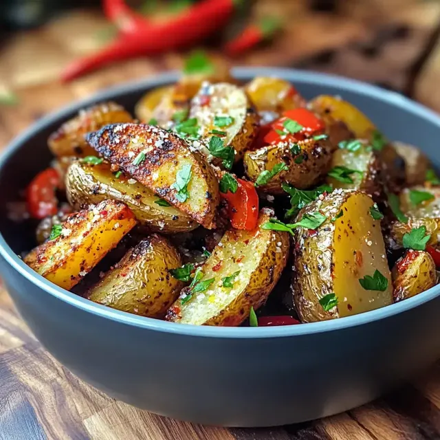 Eine Schüssel mit knusprig gebratenen Kartoffelspalten, garniert mit frischen Kräutern und roten Paprika.
