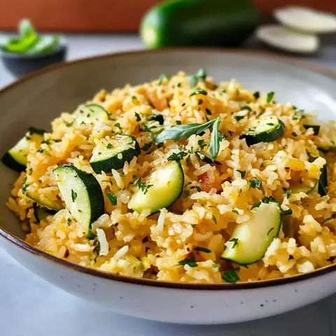 Eine Schüssel mit Reis, verfeinert mit Zucchini-Scheiben und frischen Kräutern.