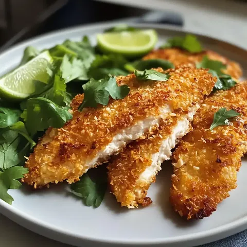 Ein Teller mit paniertem Fisch, garniert mit frischem Koriander und Limettenscheiben.