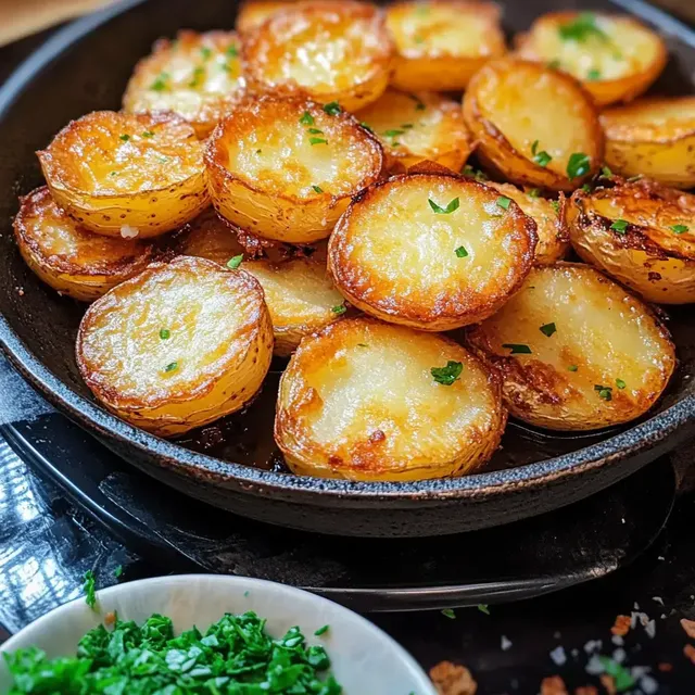 Gebratene, goldbraune Kartoffelscheiben mit grüner Petersilie in einer Pfanne, dazu eine Schüssel frische gehackte Petersilie.