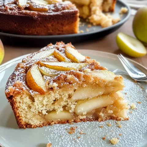 Ein Stück saftiger Apfelkuchen mit dünnen Apfelscheiben und Puderzucker, serviert auf einem Teller, neben weiteren Äpfeln.