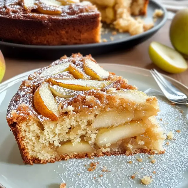 Ein Stück saftiger Apfelkuchen mit dünnen Apfelscheiben und Puderzucker, serviert auf einem Teller, neben weiteren Äpfeln.