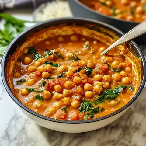 Eine Schüssel Linsensuppe mit Kichererbsen, Spinat und Tomaten, serviert mit einem Löffel.