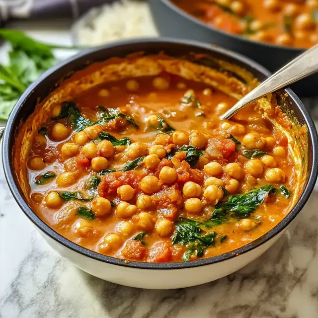 Eine Schüssel Linsensuppe mit Kichererbsen, Spinat und Tomaten, serviert mit einem Löffel.