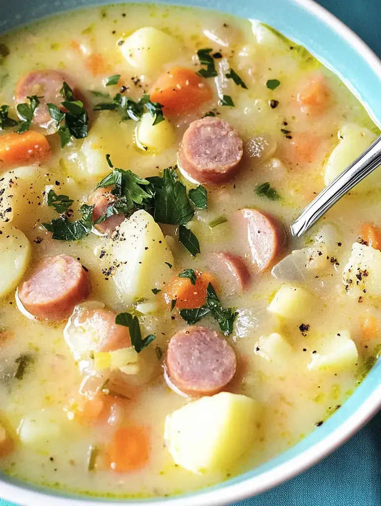 Eine Schüssel mit cremiger Kartoffelsuppe, gefüllt mit Wurststücken, Karotten und frischer Petersilie.