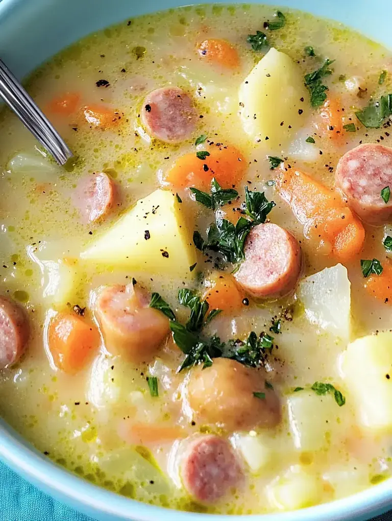 Eine Schüssel mit cremiger Suppe, gefüllt mit Karotten, Kartoffeln und Wurst, garniert mit frischer Petersilie.