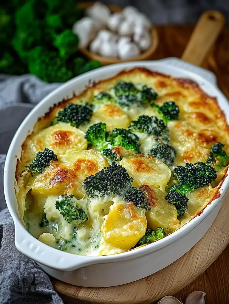 Ein Auflauf aus Kartoffeln und Brokkoli, überbacken mit einer cremigen Käsesauce.